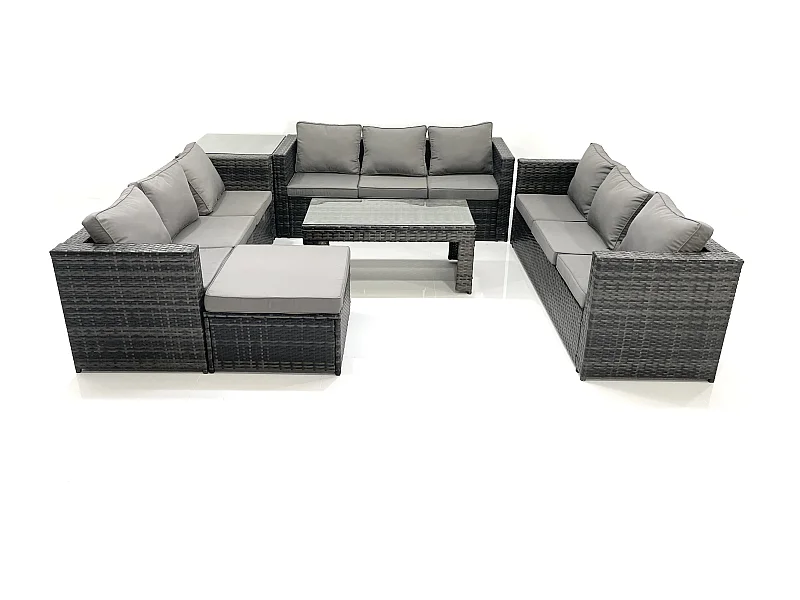 Ensemble de meubles de jardin en polyrotin 10 places avec Canapé Table basse Grand tabouret Table d'appoint Gris foncé mixte