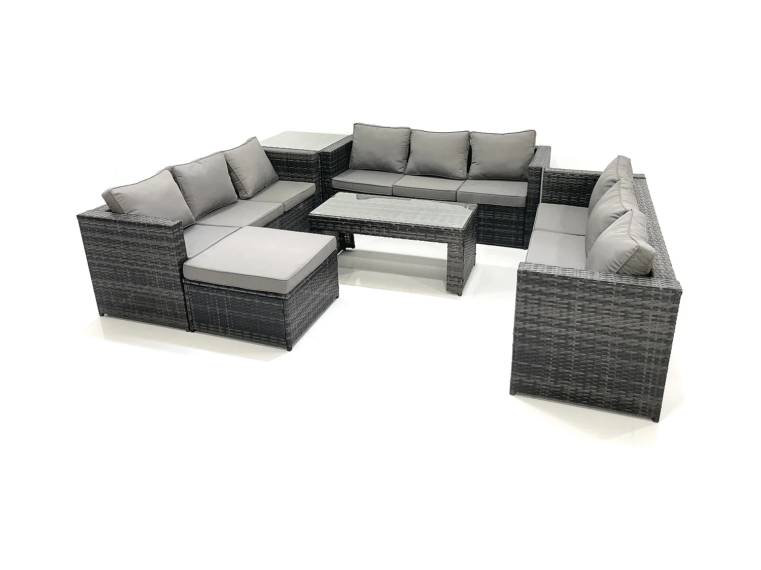 Ensemble de meubles de jardin en polyrotin 10 places avec Canapé Table basse Grand tabouret Table d'appoint Gris foncé mixte