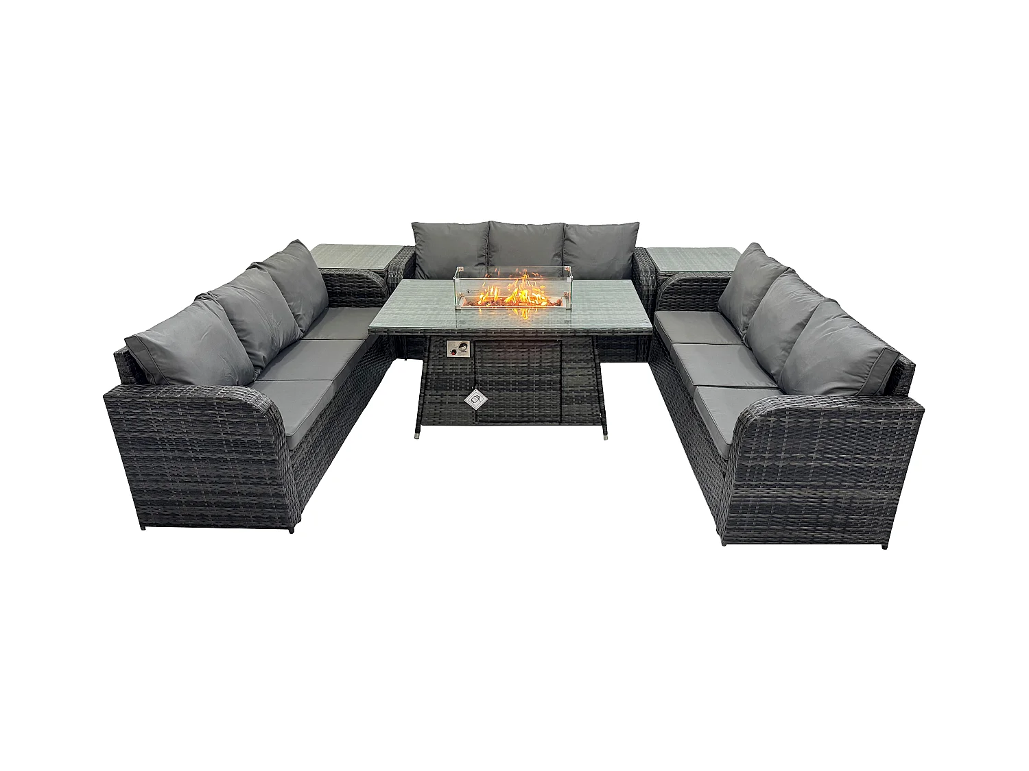 Polyrattan Gartenmöbel Set Gasfeuerstelle Esstisch Set mit 2 Beistelltischen Dunkelgrau Gemischt