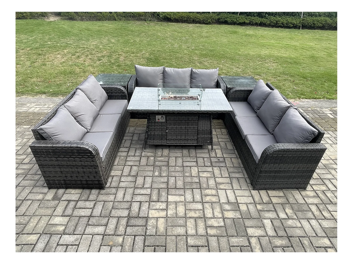 Polyrattan Gartenmöbel Set Gasfeuerstelle Esstisch Set mit 2 Beistelltischen Dunkelgrau Gemischt