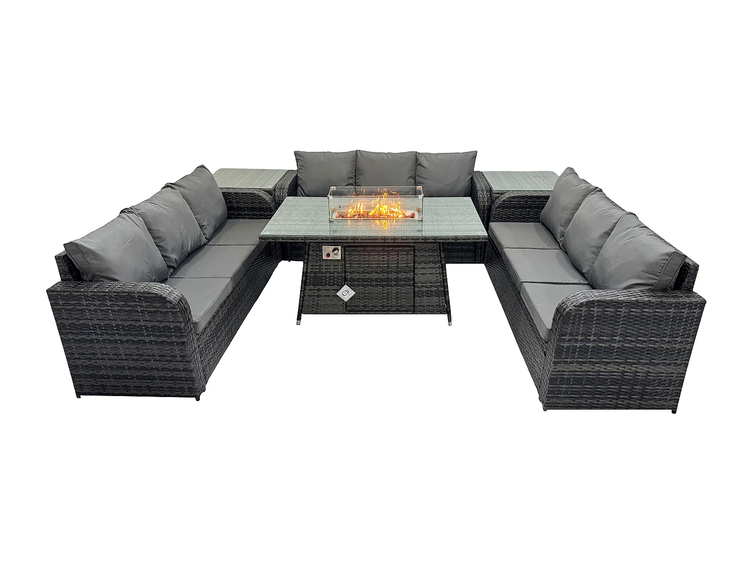 Polyrattan Gartenmöbel Set Gasfeuerstelle Esstisch Set mit 2 Beistelltischen Dunkelgrau Gemischt