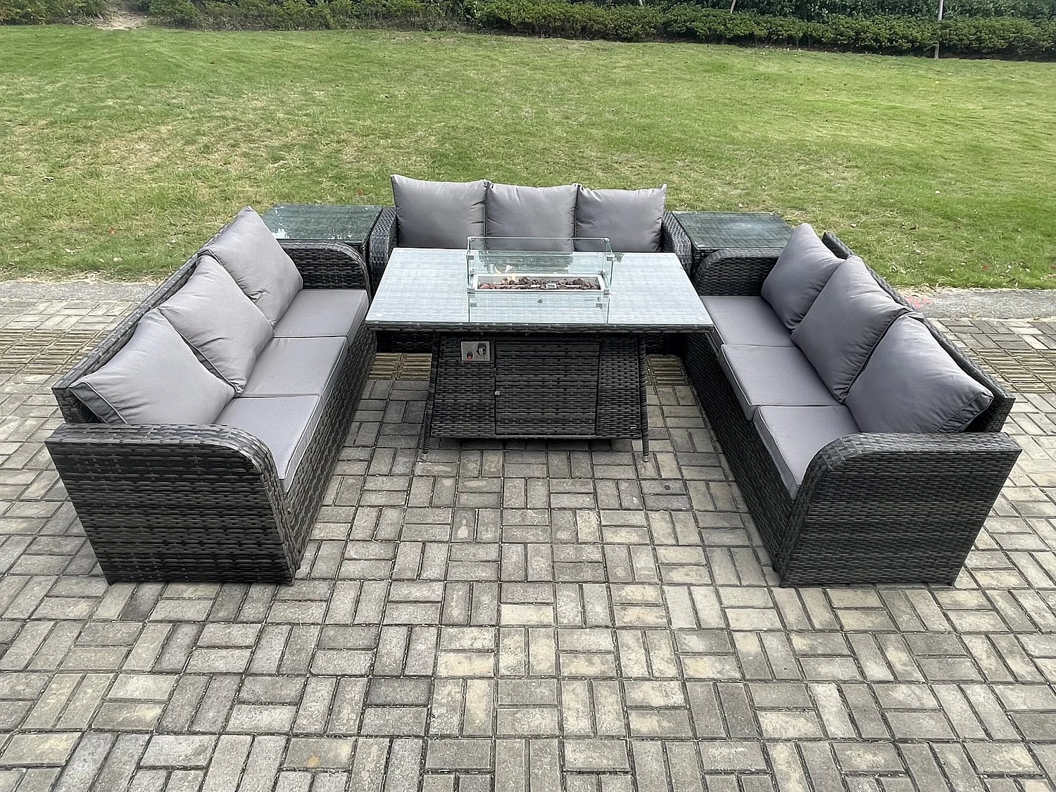 Polyrattan Gartenmöbel Set Gasfeuerstelle Esstisch Set mit 2 Beistelltischen Dunkelgrau Gemischt