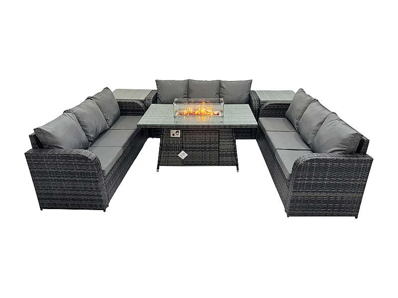 Polyrattan Gartenmöbel Set Gasfeuerstelle Esstisch Set mit 2 Beistelltischen Dunkelgrau Gemischt