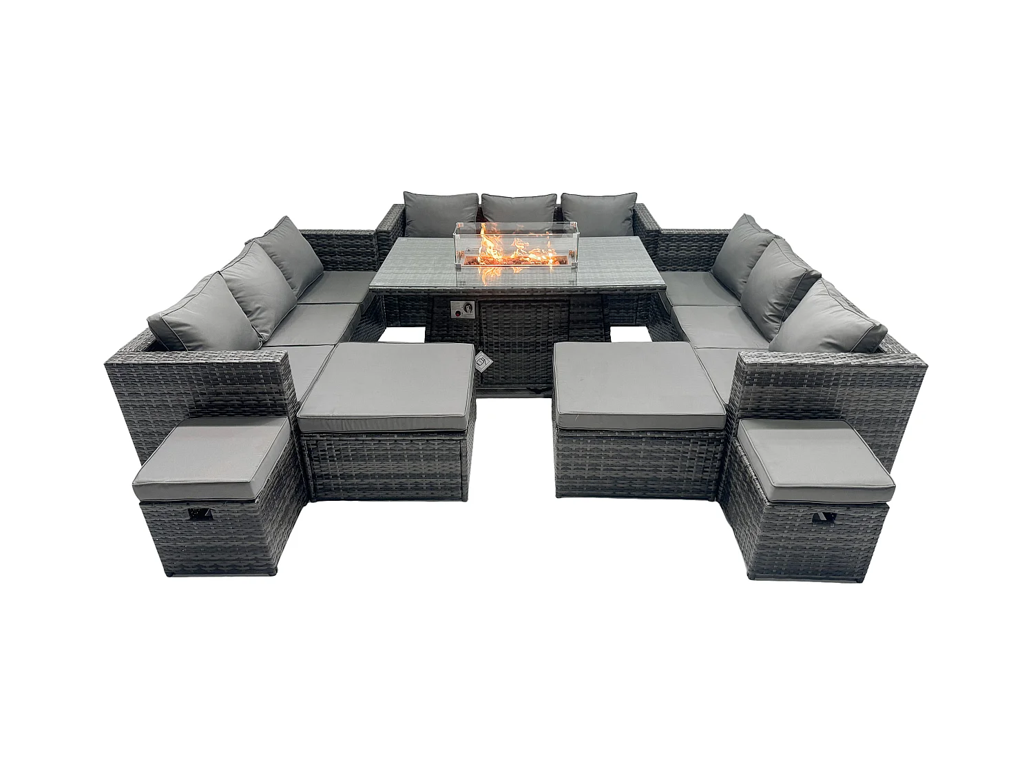 Rattan Gartenmöbel Set 13-Sitzer Garten Sofa Gas Feuertisch Set mit 4 Hockern