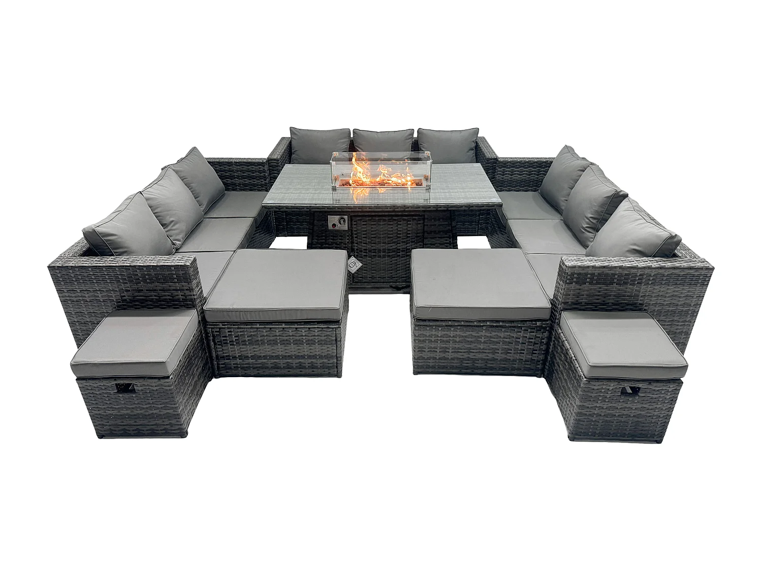 Ensemble de meubles de jardin en rotin ave Table de foyer à gaz 13 places Ensemble de canapés avec 4 Tabourets
