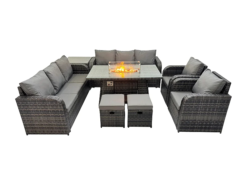 Polyrattan Gartenmöbel Set Gas Feuerstelle Esstisch mit Beistelltisch Sessel Loveseat Sofa 2 Hockern