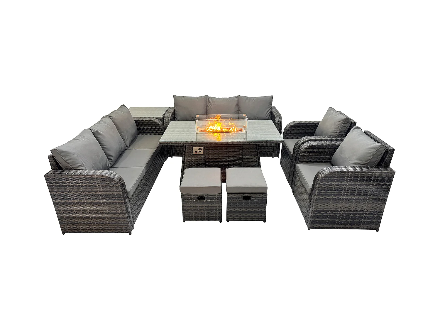 Polyrattan Gartenmöbel Set Gas Feuerstelle Esstisch mit Beistelltisch Sessel Loveseat Sofa 2 Hockern