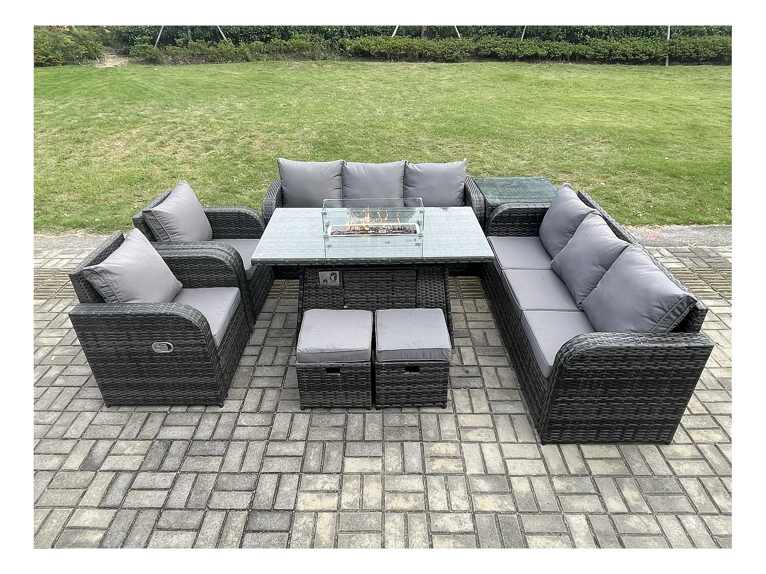 Polyrattan Gartenmöbel Set Gas Feuerstelle Esstisch mit Beistelltisch Sessel Loveseat Sofa 2 Hockern