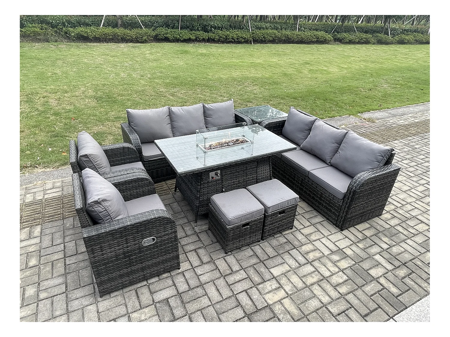 Polyrattan Gartenmöbel Set Gas Feuerstelle Esstisch mit Beistelltisch Sessel Loveseat Sofa 2 Hockern