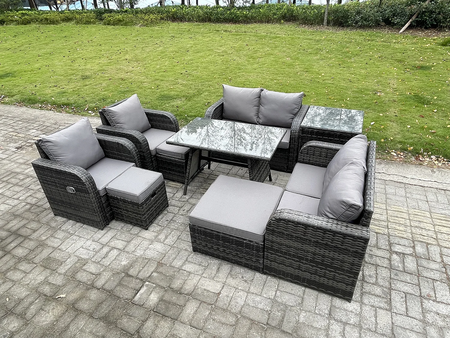 9-Sitzer Polyrattan Garten Esstisch Set Gartenmöbel Sofa mit Rechteckiger Esstisch Beistelltisch 3 Hockern Dunkelgrau Gemischt