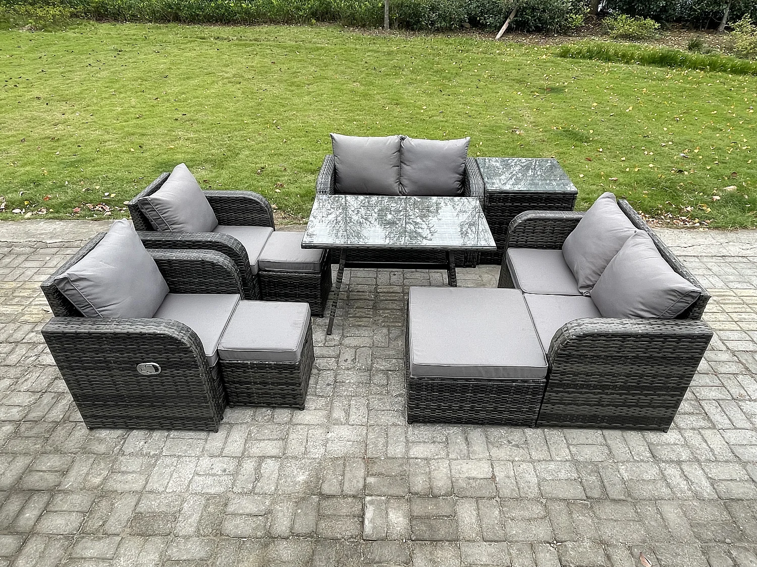 9-Sitzer Polyrattan Garten Esstisch Set Gartenmöbel Sofa mit Rechteckiger Esstisch Beistelltisch 3 Hockern Dunkelgrau Gemischt