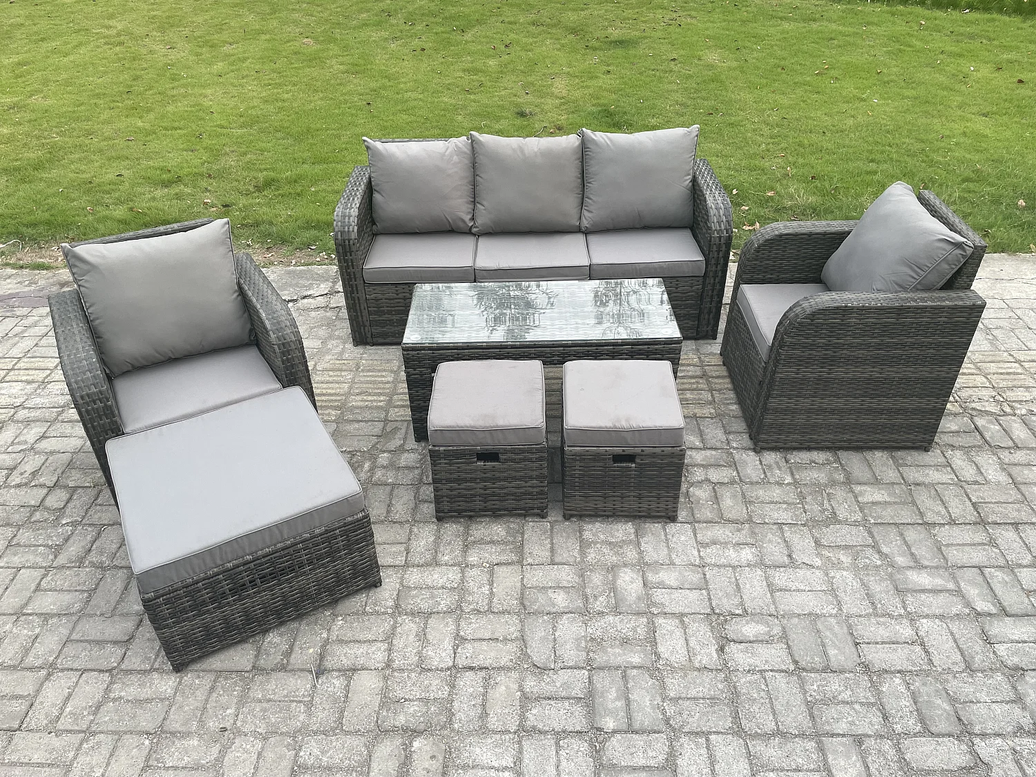 8-Sitzer Polyrattan Gartenmöbel Set mit Rechteckiger Couchtisch 3 Hockern Patio Outdoor Rattansofa-Set