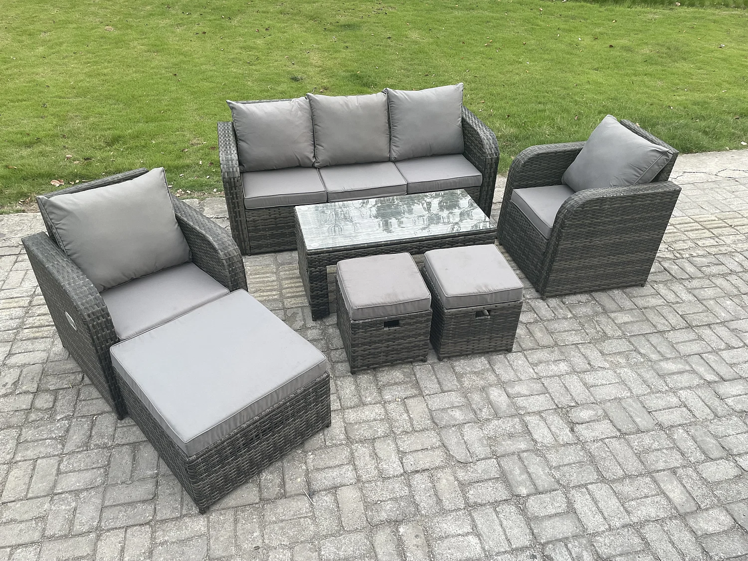 8-Sitzer Polyrattan Gartenmöbel Set mit Rechteckiger Couchtisch 3 Hockern Patio Outdoor Rattansofa-Set