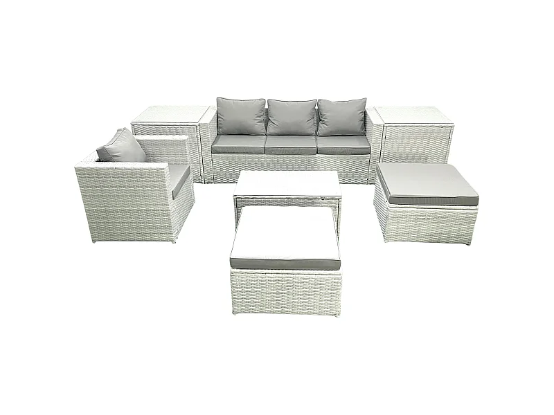 7 Pièces Salon de jardin Canapé de jardin avec Fauteuil Table basse 2 Tables d'appoint 2 Grand tabourets Gris clair mixte