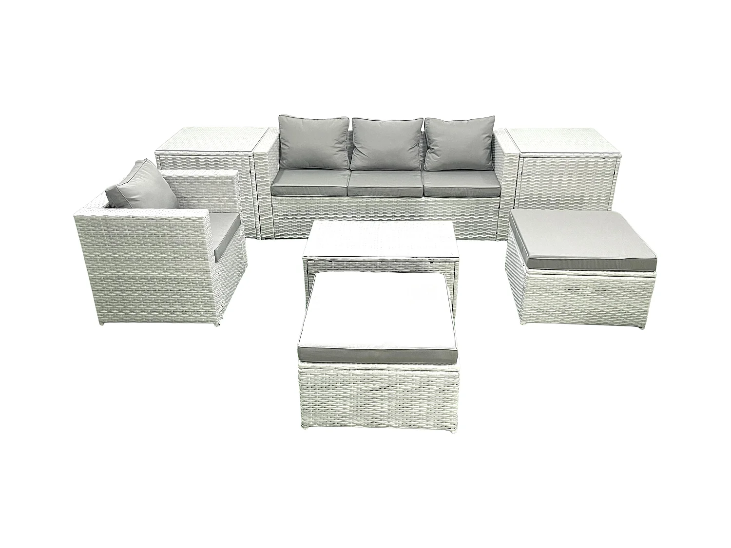 7 Pièces Salon de jardin Canapé de jardin avec Fauteuil Table basse 2 Tables d'appoint 2 Grand tabourets Gris clair mixte