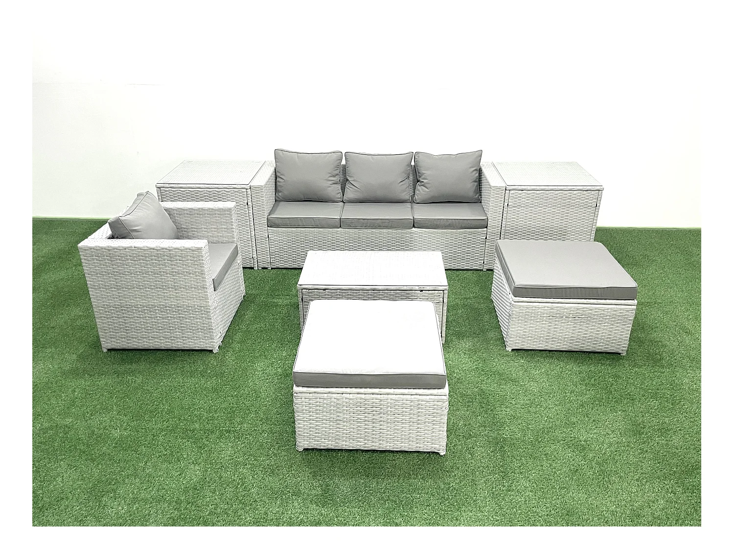 7 Pièces Salon de jardin Canapé de jardin avec Fauteuil Table basse 2 Tables d'appoint 2 Grand tabourets Gris clair mixte