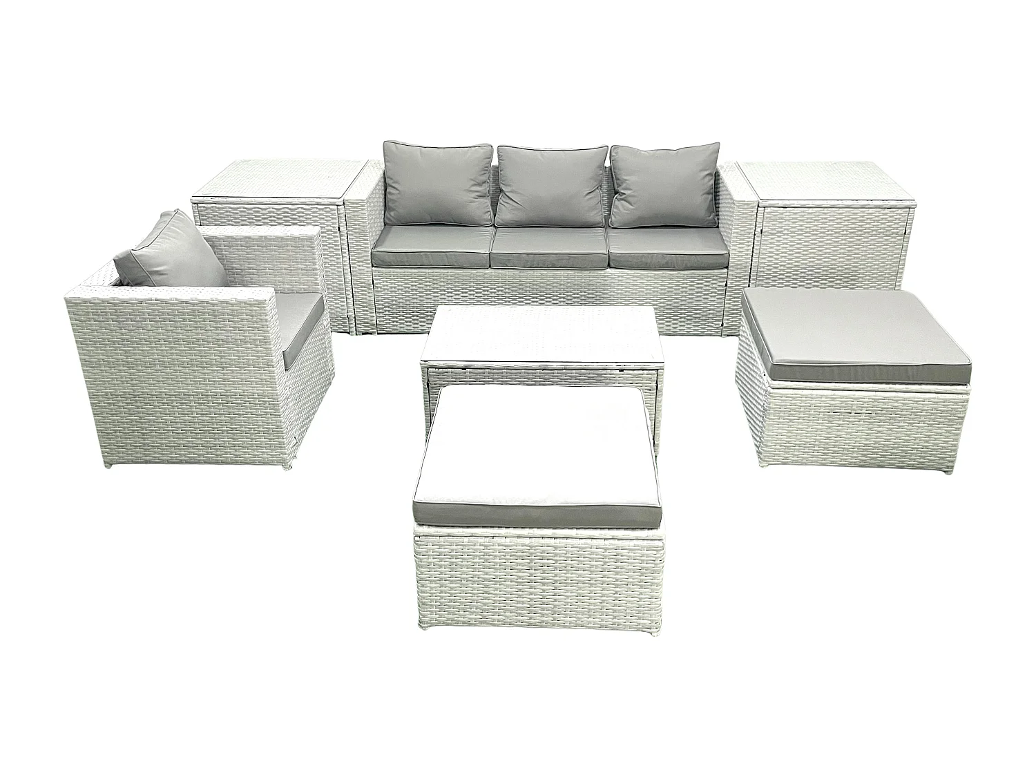 7 Stücke Rattan Gartenmöbel Set Garten Sofa Stuhl Couchtisch Set mit 2 Beistelltischen 2 hohen Hockern Hellgrau gemischt