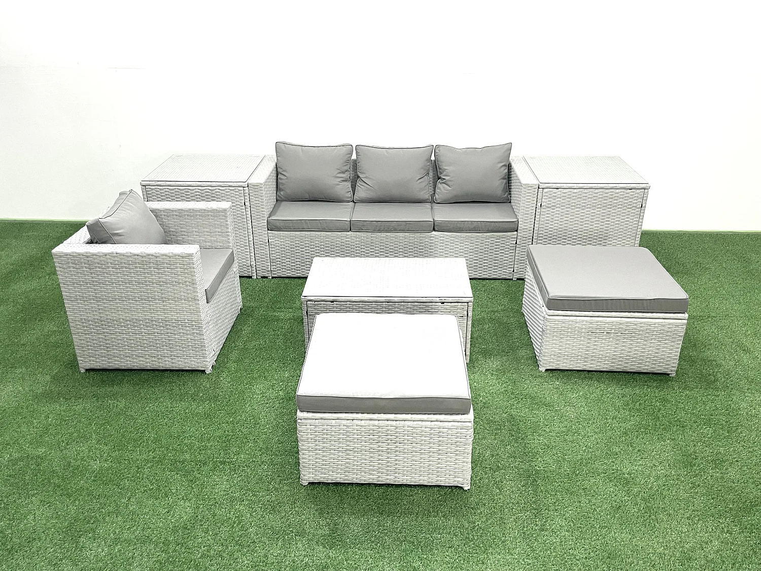 7 Stücke Rattan Gartenmöbel Set Garten Sofa Stuhl Couchtisch Set mit 2 Beistelltischen 2 hohen Hockern Hellgrau gemischt