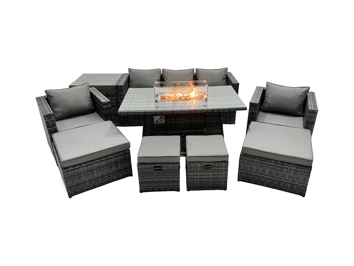 Ensemble de meubles de jardin en rotin ave Table de foyer à gaz 9 places Ensemble de canapés avec Table d'appoint 4 Tabourets