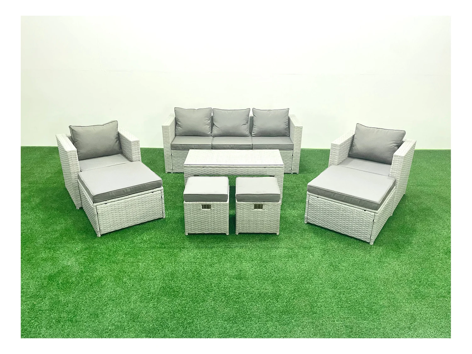 Salon de Jardin Ensemble Ensemble de canapés en rotin avec Table basse 4 Tabourets Gris clair mixte 9 places