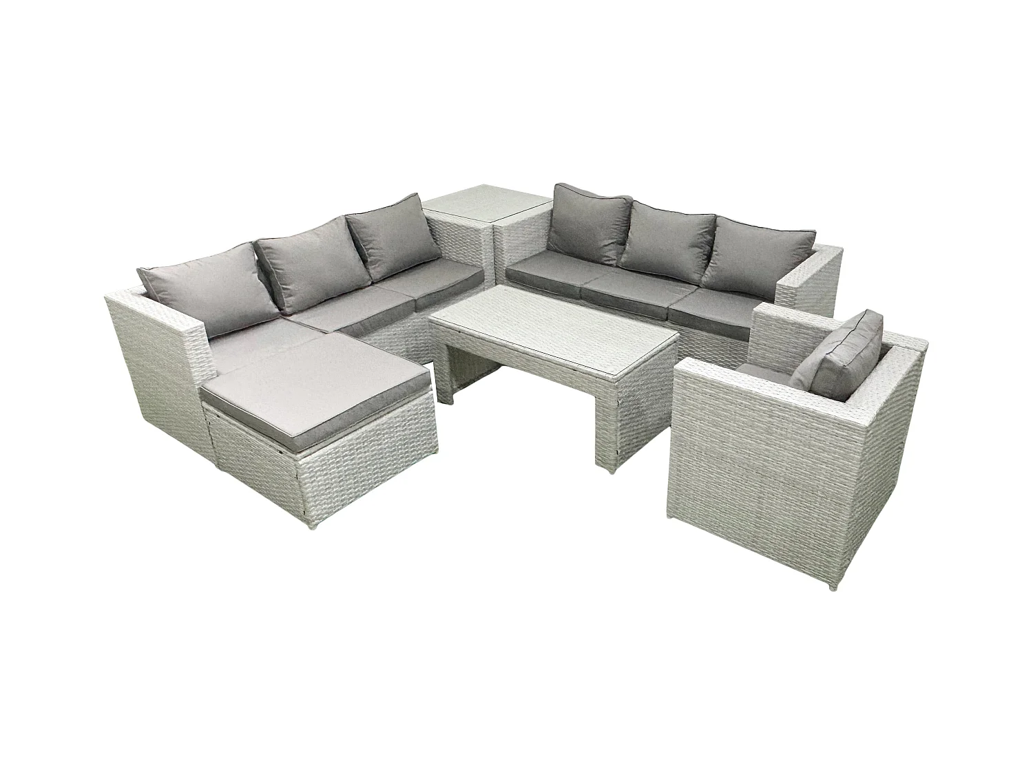 Meubles d'extérieur en rotin avec Table basse oblongue Fauteuil Grand tabouret Table d'appoint Gris clair mixte