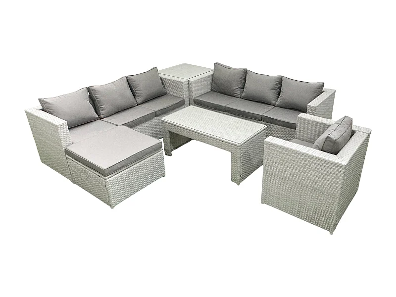 Meubles d'extérieur en rotin avec Table basse oblongue Fauteuil Grand tabouret Table d'appoint Gris clair mixte