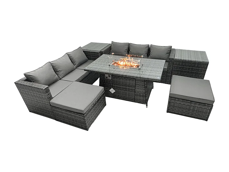 Ensemble de meubles de jardin en rotin ave Table de foyer à gaz 6 places Ensemble de canapés avec 2 Tables d'appoint 2 Tabourets