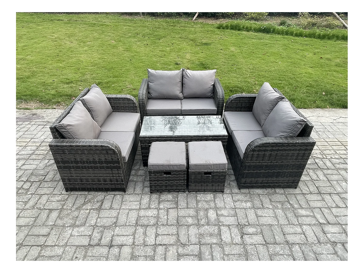 Ensemble de meubles de jardin en polyrotin 6 Pièces avec Table basse rectangulaire Canapé à deux places 2 Petits tabourets