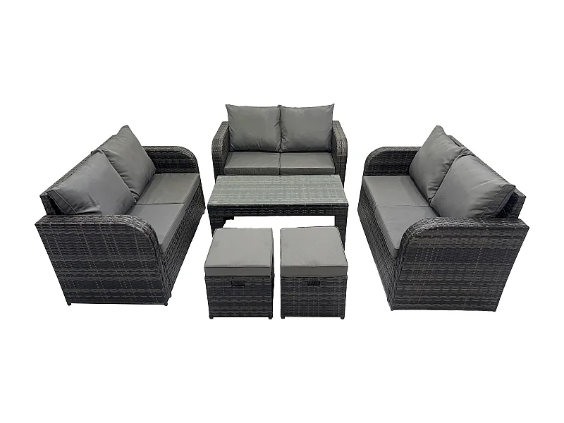 Gartenmöbel-Sets 6 Stücke Polyrattan Möbel Sofa Sets mit Rechteckiger Couchtisch Loveseat Sofa 2 kleine Fußhockern