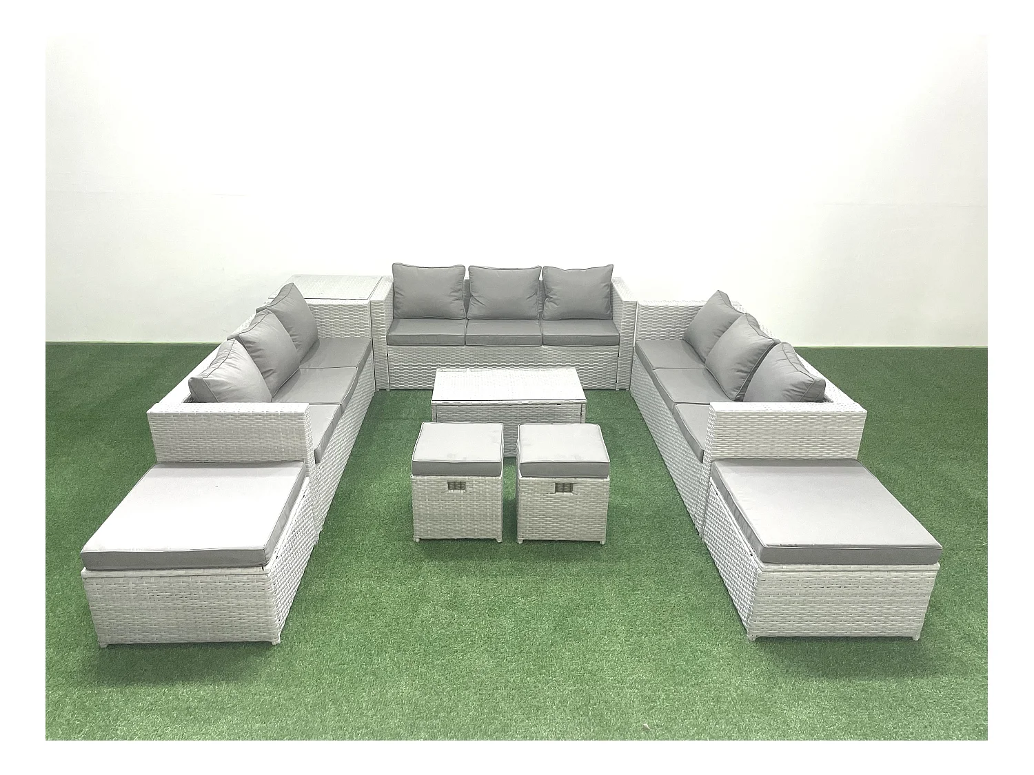 9 Stücke Rattan Gartenmöbel Set Garten Sofa Couchtisch Set mit Beistelltisch 4 Hockern Hellgrau gemischt