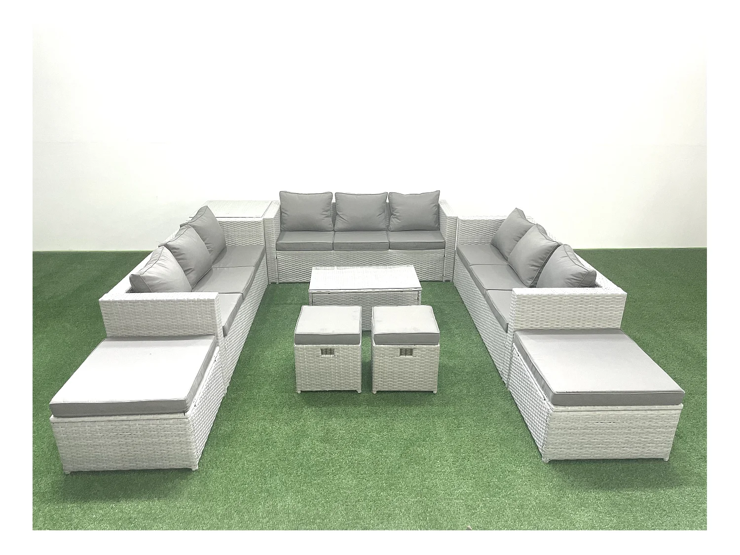 9 Stücke Rattan Gartenmöbel Set Garten Sofa Couchtisch Set mit Beistelltisch 4 Hockern Hellgrau gemischt
