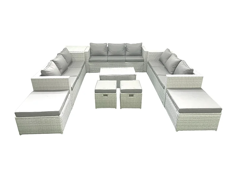 9 Pièces Salon de jardin Canapé de jardin Table basse avec Table d'appoint 4 Tabourets Gris clair mixte