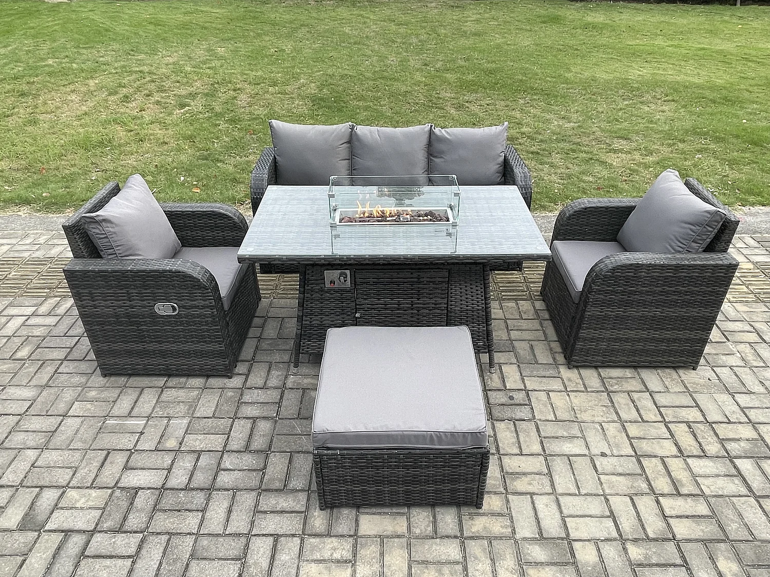 Patio Polyrattan Gartenmöbelset Gasfeuerstelle Esstischmit Sofa Fußhocker