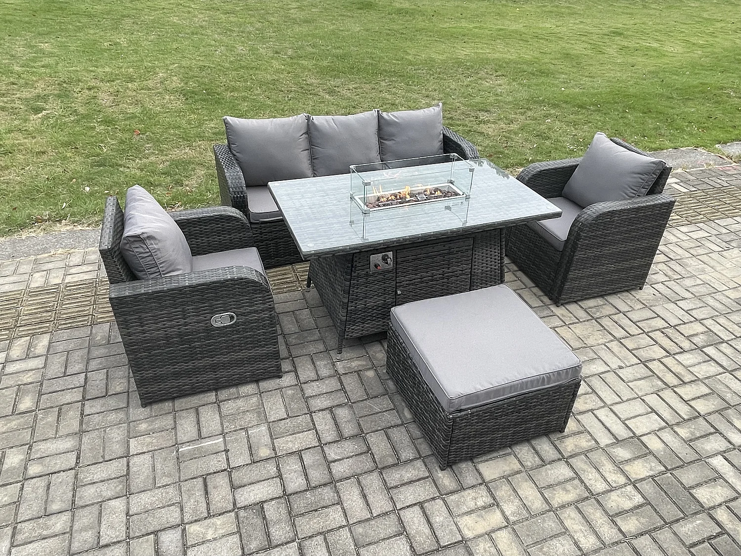 Patio Polyrattan Gartenmöbelset Gasfeuerstelle Esstischmit Sofa Fußhocker