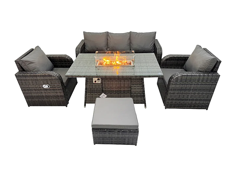 Patio Polyrattan Gartenmöbelset Gasfeuerstelle Esstischmit Sofa Fußhocker