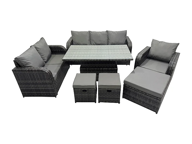 Gartenmöbel Lounge Sofa Set Patio höhenverstellbarer Tisch Liegestühle Sofa mit 3 Hockern Dunkelgrau Gemischt