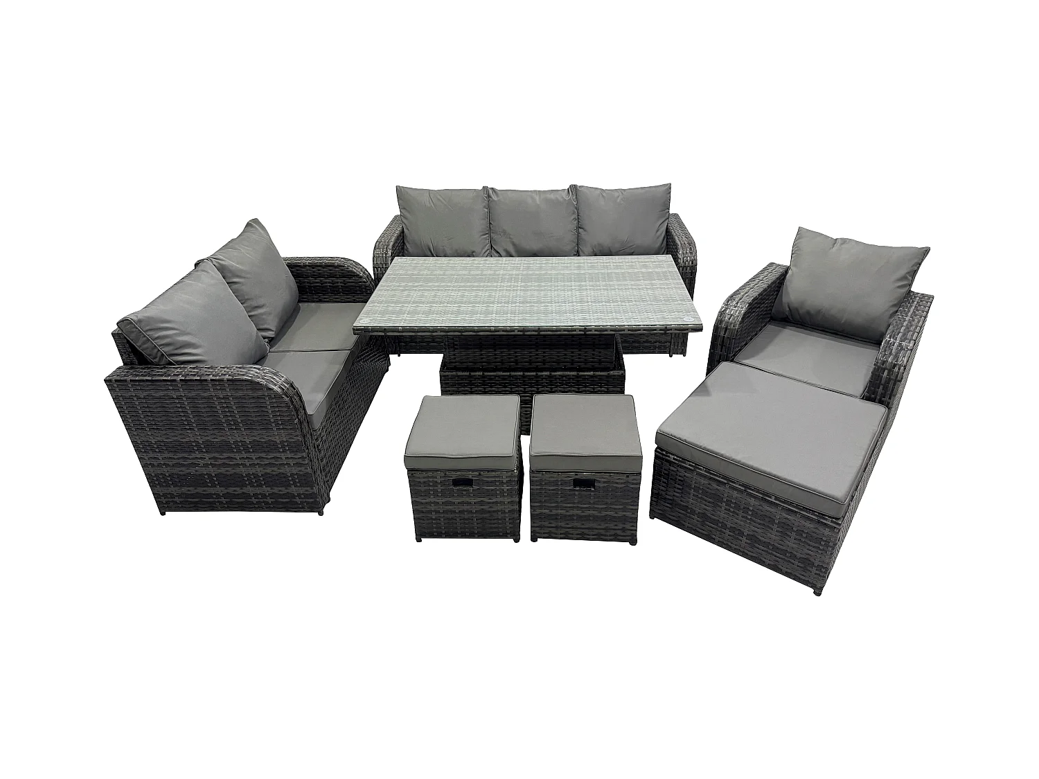 Gartenmöbel Lounge Sofa Set Patio höhenverstellbarer Tisch Liegestühle Sofa mit 3 Hockern Dunkelgrau Gemischt