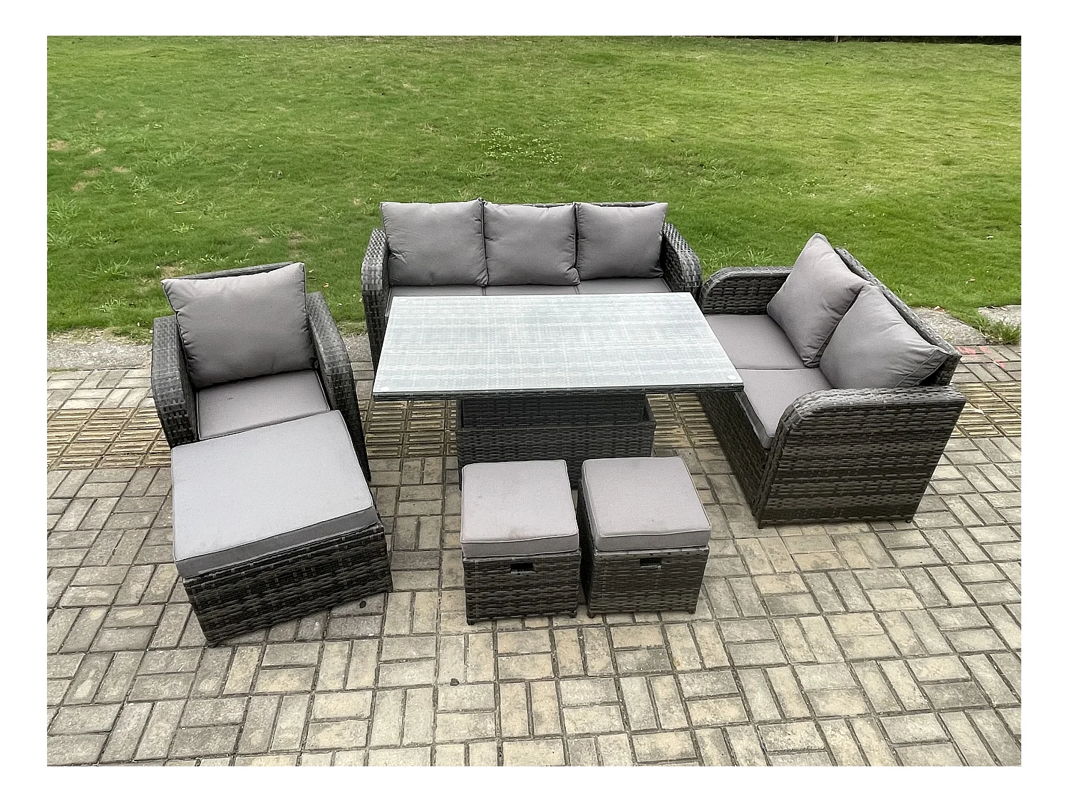 Gartenmöbel Lounge Sofa Set Patio höhenverstellbarer Tisch Liegestühle Sofa mit 3 Hockern Dunkelgrau Gemischt
