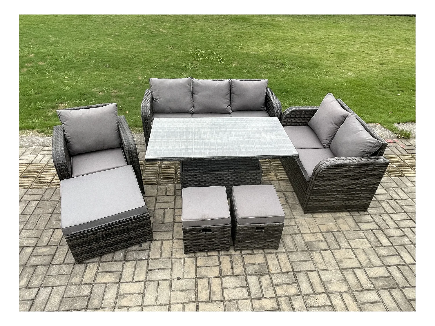 Gartenmöbel Lounge Sofa Set Patio höhenverstellbarer Tisch Liegestühle Sofa mit 3 Hockern Dunkelgrau Gemischt