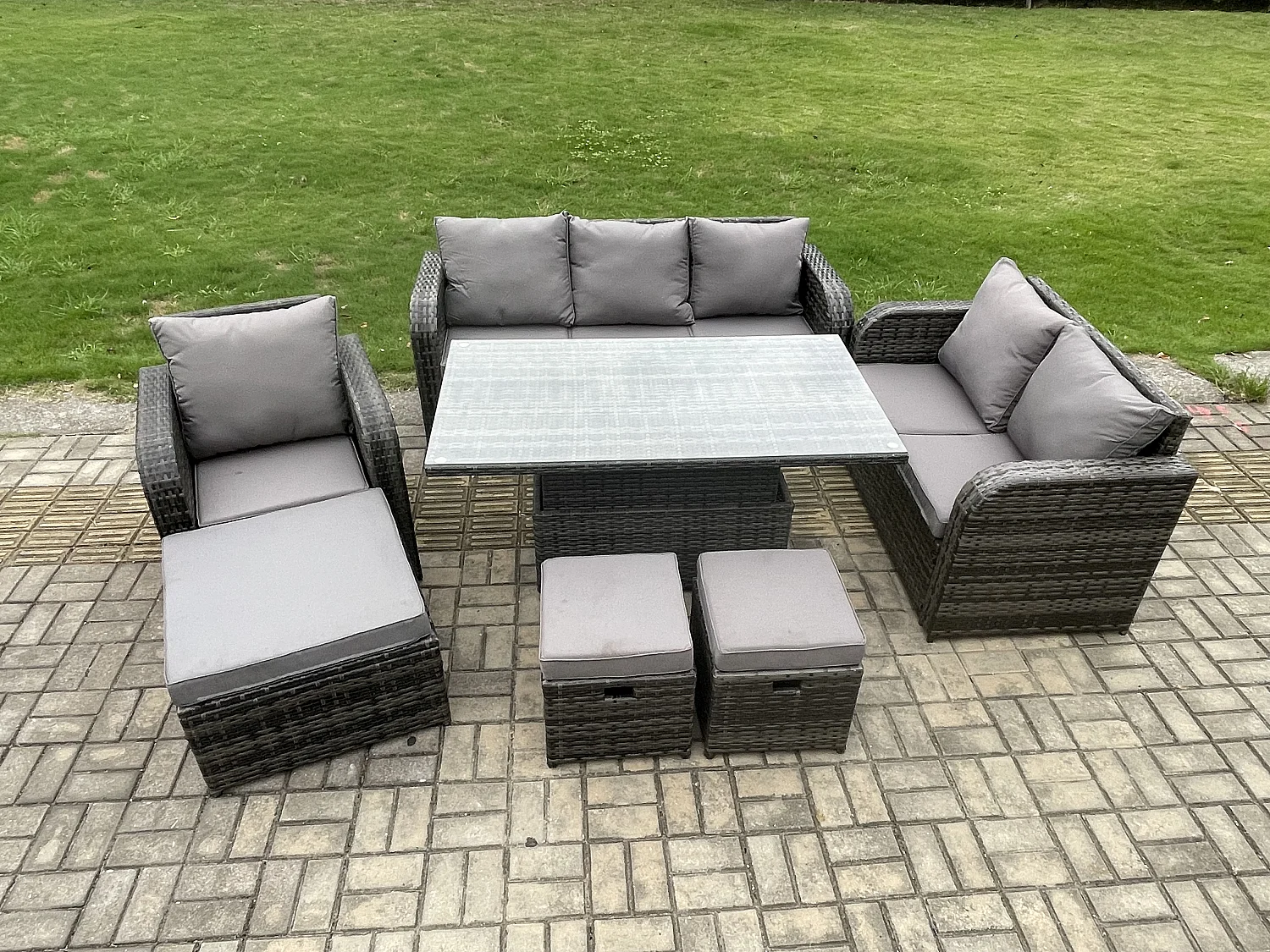 Gartenmöbel Lounge Sofa Set Patio höhenverstellbarer Tisch Liegestühle Sofa mit 3 Hockern Dunkelgrau Gemischt