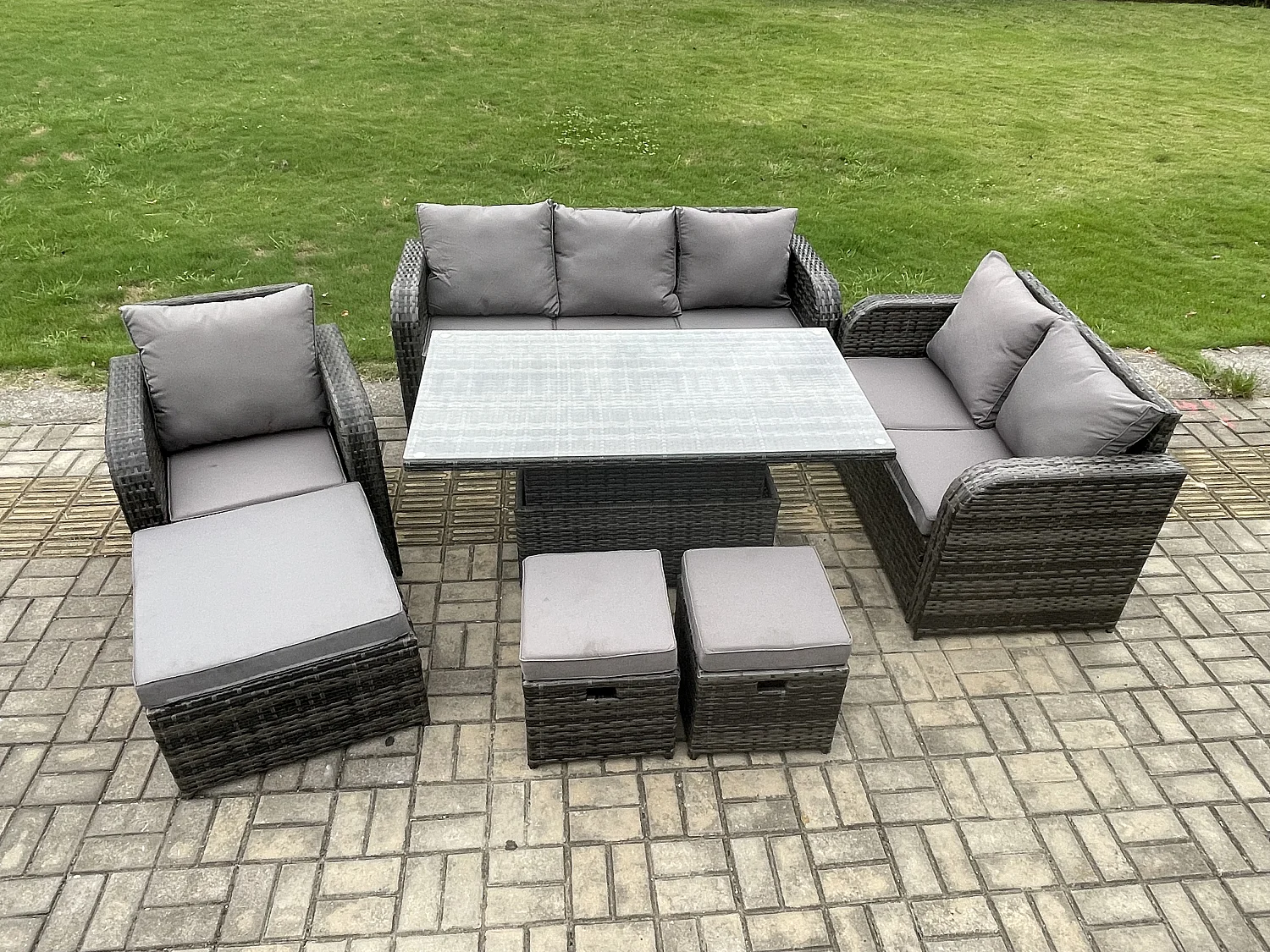 Gartenmöbel Lounge Sofa Set Patio höhenverstellbarer Tisch Liegestühle Sofa mit 3 Hockern Dunkelgrau Gemischt