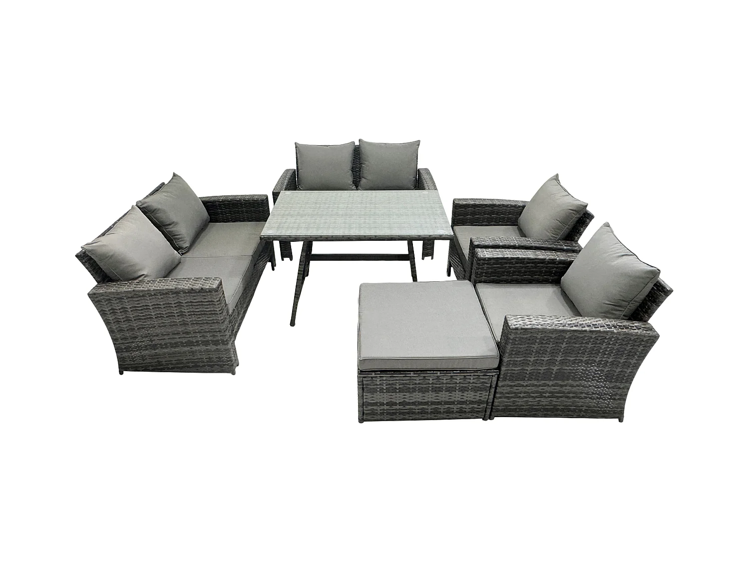 Polyrattan Gartenmöbel Set 7-Sitzer Polyrattan Garten Sofa im Freien Set mit Rechteckiger Esstisch Loveseat Sofa Dunkelgrau Gemischt