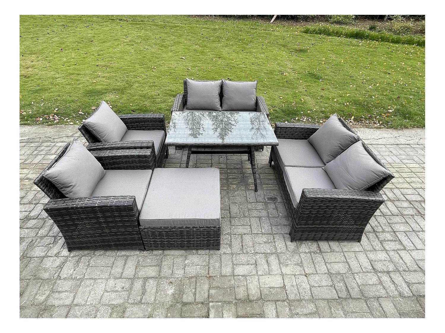 Polyrattan Gartenmöbel Set 7-Sitzer Polyrattan Garten Sofa im Freien Set mit Rechteckiger Esstisch Loveseat Sofa Dunkelgrau Gemischt