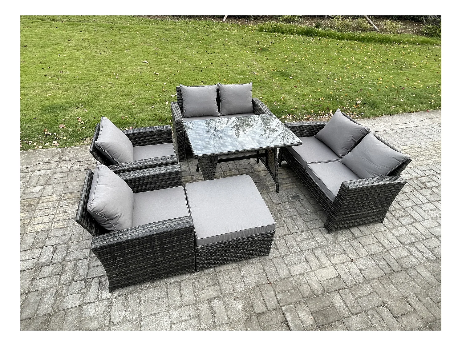 Polyrattan Gartenmöbel Set 7-Sitzer Polyrattan Garten Sofa im Freien Set mit Rechteckiger Esstisch Loveseat Sofa Dunkelgrau Gemischt