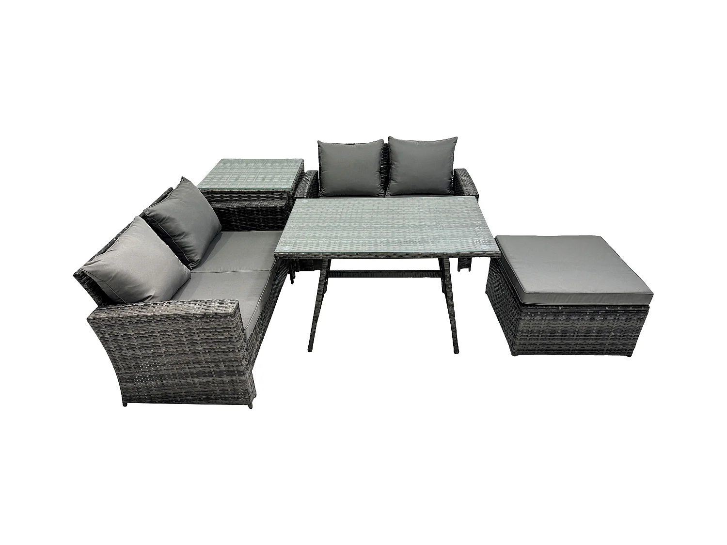 5 Pièces Ensemble de canapé en rotin extérieur avec Table d'appoint Grand tabouret Gris foncé mixte