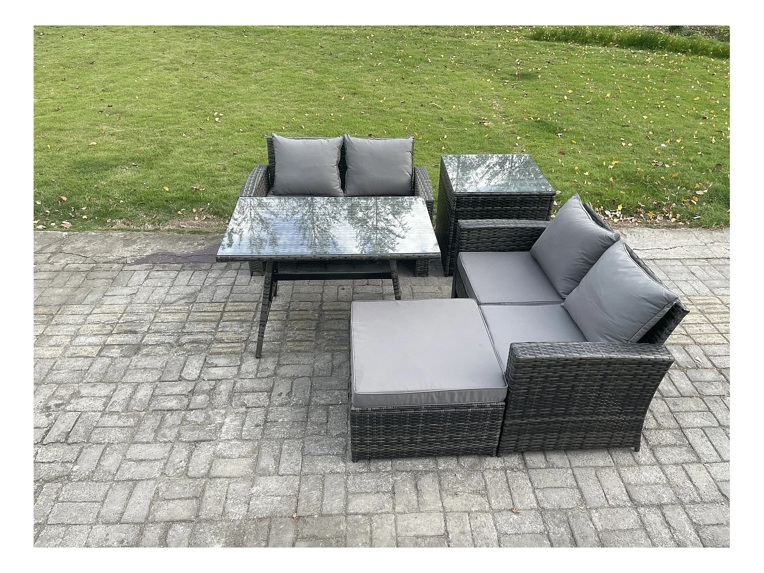 5 Pièces Ensemble de canapé en rotin extérieur avec Table d'appoint Grand tabouret Gris foncé mixte