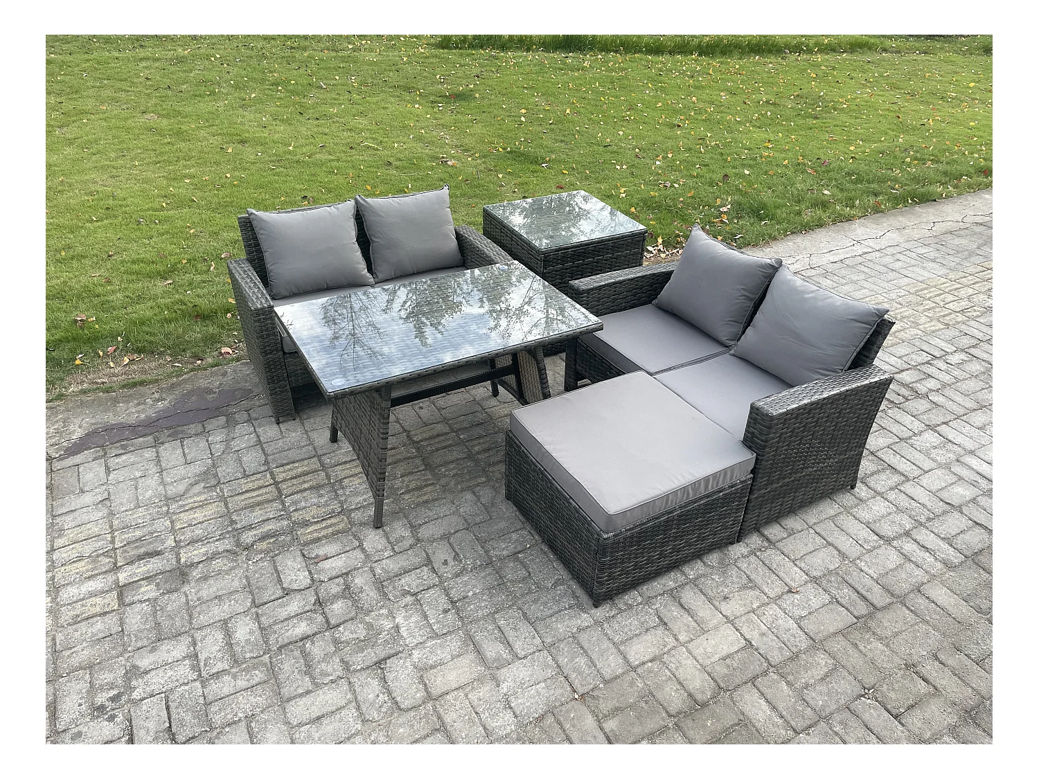 5 Pièces Ensemble de canapé en rotin extérieur avec Table d'appoint Grand tabouret Gris foncé mixte