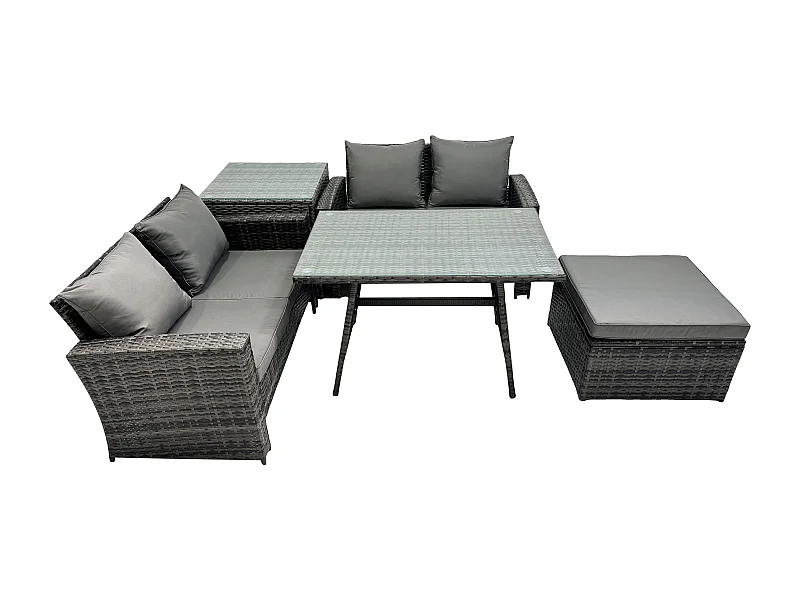 5 Pièces Ensemble de canapé en rotin extérieur avec Table d'appoint Grand tabouret Gris foncé mixte