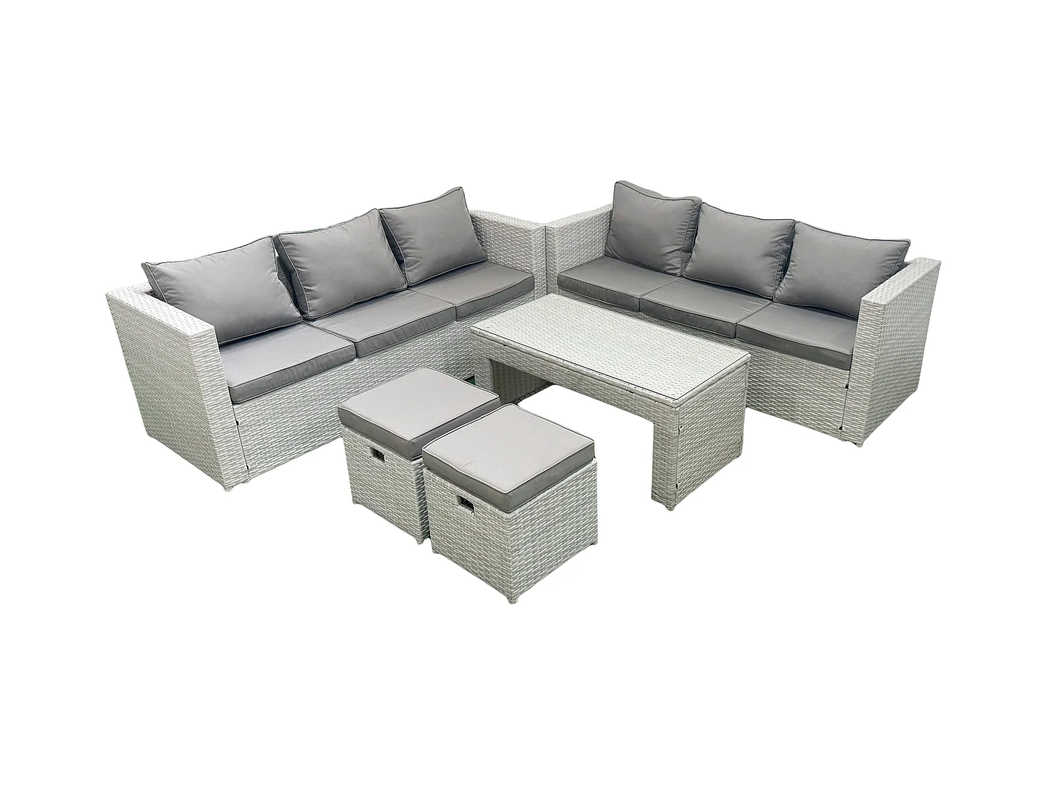 8 places Salon de Jardin Extérieur Canapé de jardin en rotin Table basse oblongue avec 2 Petit pouf Gris clair mixte