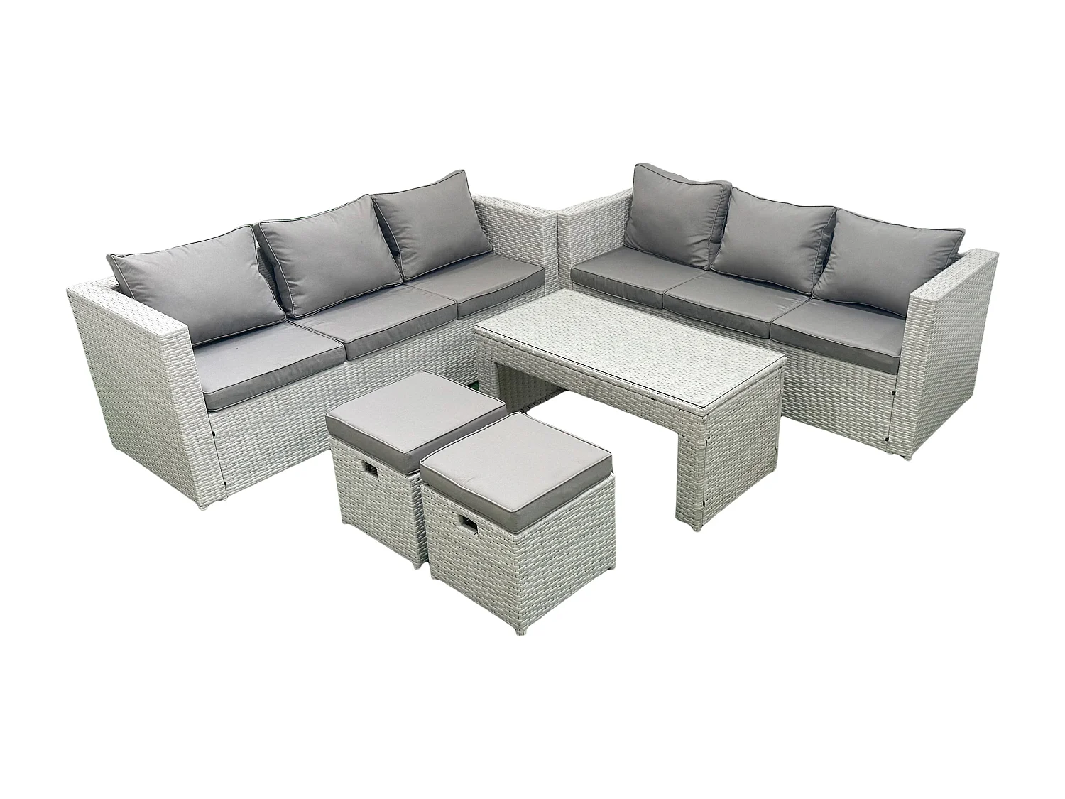 8 places Salon de Jardin Extérieur Canapé de jardin en rotin Table basse oblongue avec 2 Petit pouf Gris clair mixte